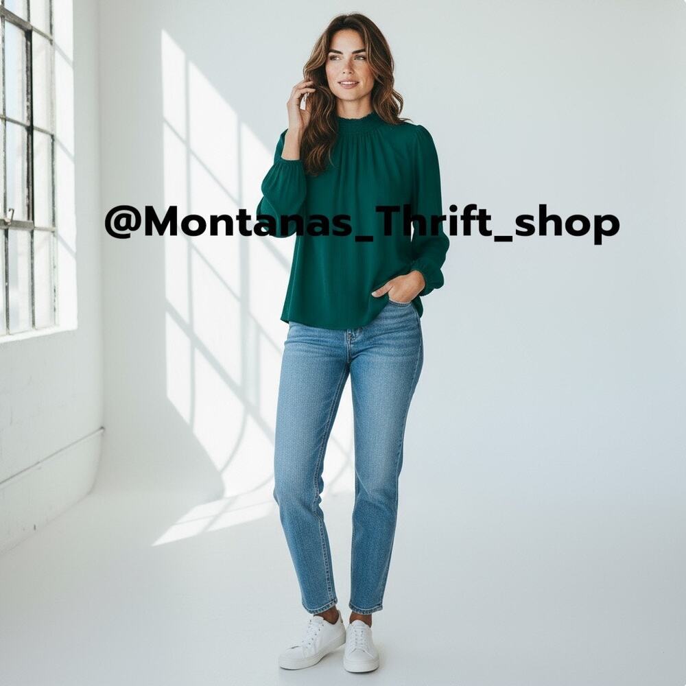 J.Crew Womens size small deep, rich green long-sleeved mockneck blouse chiffon​
